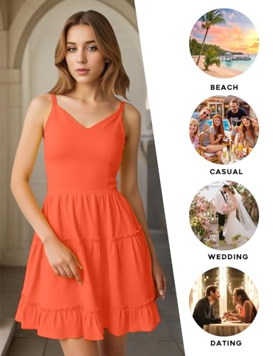 Image of FANCYINN Women Floral Casual Tiered Mini Dresses Spaghetti Strap V Neck Backless A Line Swing Short Dress with Pockets