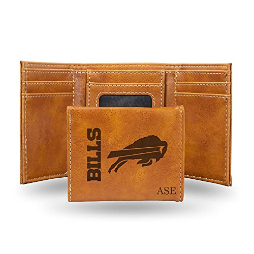 Rico Industries NFL Football Buffalo Bills Brown Personalized-Custom Laser Engraved Faux Leather Tri-fold Wallet - Slim Wallet