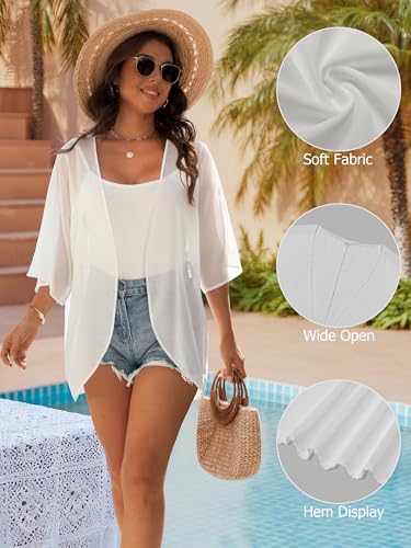 GKBK Women's Floral Print Puff Sleeve Kimono Cardigan Loose Cover Up Casual Blouse Ladies Shirts Casual Tops White L — view 4