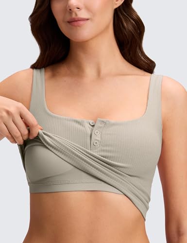 Image of CRZ YOGA Ribbed Henley Crop Tank Tops | Medium Support, Removable Pads, Casual, Square Back, Wide Straps, Longline Sports Bras for Women