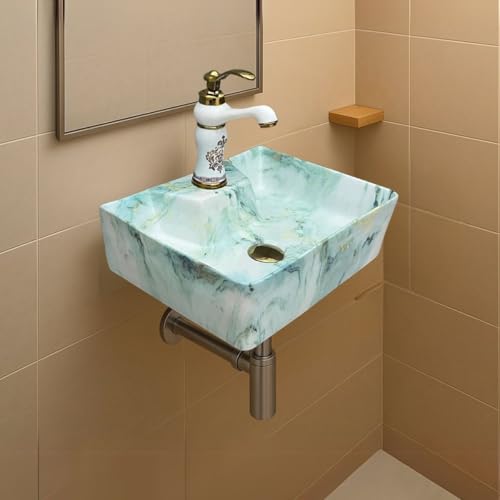 Image of Artiva Designer Ceramic Table Top Wash Basin For Bathroom /Green Wall Mounted Bathroom Sink /Wall Hung Washbasin /Wash Basin For Cabinet, Countertop, Vanity (Osian Green 16 x 12 x 5 Inch)