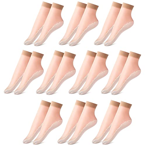 Gomerbesen Calcetines de algodón para mujer Calcetines de tobillo de corte bajo de vidrio de seda fino para niñas, 10 Pares Beige, talla única Cover