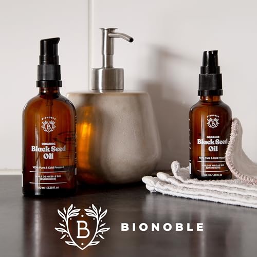BIONOBLE Schwarzkümmelöl Bio Kaltgepresst - 100% Natürlich, Ohne Hexan - Mildert Unreinheiten - Schwarzkümmelöl Gesicht, Haare, Haut - Vegan Black Seed Oil - Glasflasche, Pipette, Pumpe - 50ml