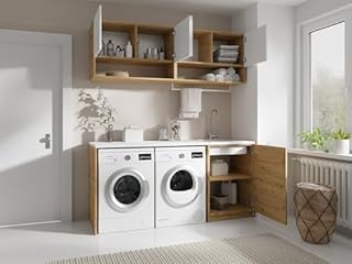 Vente-unique - Meubles de buanderie pour Machine à Laver avec Plan de Travail - L182 cm - Blanc et Naturel Clair - NATAJI