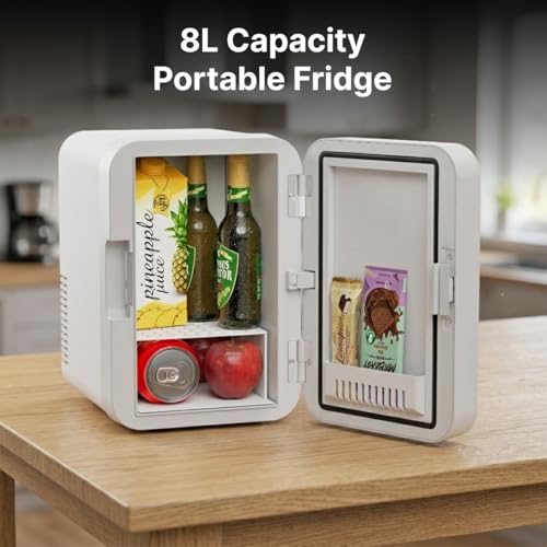 Image of pTron EaseMate CUBE 8L Portable Mini Fridge, Thermoelectric Cooler and Warmer for Car & Home, Store Cosmetics, Beverage & Food, Smart Temperature Control, Dual Power Supply 220V AC /12V DC (White)