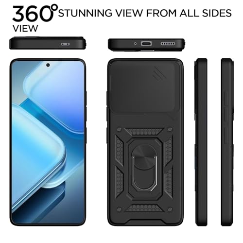Image of Pikkme Back Cover for iQOO Neo 10R 5G / iQOO Z9 Turbo 5G / Vivo Y200 GT 5G | Sliding Camera Shield with Ring Stand | D10 Full Camera Protection Bumper Case (Black)