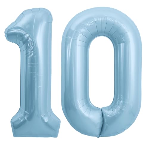TONIFUL 40 Inch Pastel Blue Number 10 Foil Balloons Large Mylar Foil Digital 10 Balloons for 10th Birthday, Gender Neutral Party, Baby Shower, Graduation, Anniversary Decorations Supplies