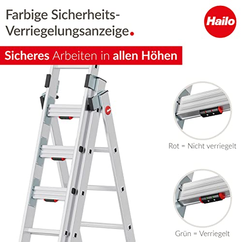 Hailo Master S120 Pro Mehrzweckleiter - 3-teilige, klappbare Aluminium-Leiter - als Schiebe-, Bock- und Anlegeleiter nutzbar - Höhe bis 7,85 m - Gewicht: 34 kg