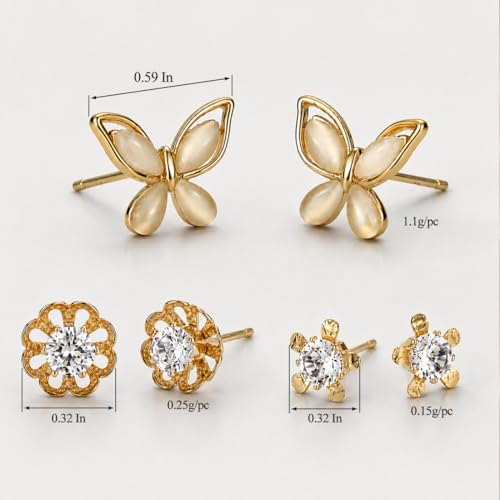 3 Pair Small Stud Earrings for Women Trendy 14K Copper Gold Hypoallergenic Premium Cubic Zirconia Fashion Jewelry Gifts Golden Silk Butterfly Design — view 3