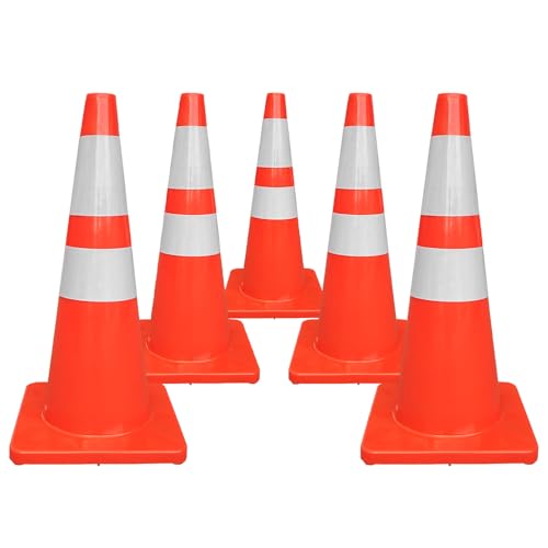 Berry 28" PVC Traffic Cone | Flexible Orange Safety Cone | 70CM Durable Road Cone for Parking, Driveways, Construction, Traffic Control | Reflective Traffic Pylon (5 Cones)