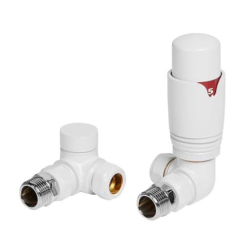 Excel Home White Thermostatic Radiator Valves And Corner Lockshield Valve - Classy And Modern Design 1/2" X 15Mm Corner Radiator Valves (White)