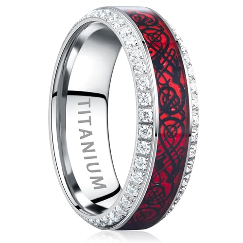 Mens Wedding Band with Celtic Dragon 8mm, Lightweight Titanium Ring with Red Carbon Fiber and White CZ, Dome Style, Comfort Fit Inner, Customizable, Gift for Birthday Anniversary, Size 7-12