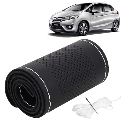 Image of KINGSWAY PU Leatherite Car Steering Cover Sewable Compatible with Honda Jazz (Year 2014-2018), Black Color with Silver Thread, Pack of 1 with Sewing Needle and Thread