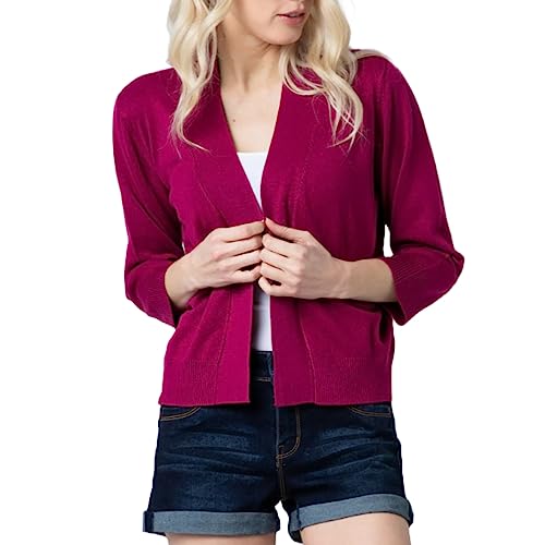 Creative Mimesis Women's Bolero 3/4 Sleeve Cropped Cardigans Sweaters Jackets Open Front Short Shrugs for Dresses, Magenta, Small