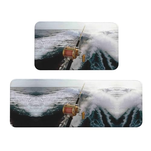 JEJEA Set di 2 tappeti e tappetini da cucina con stampa canna da pesca, tappeto assorbente antiscivolo, tappetini da chef per casa colonica, per pavimenti e uffici