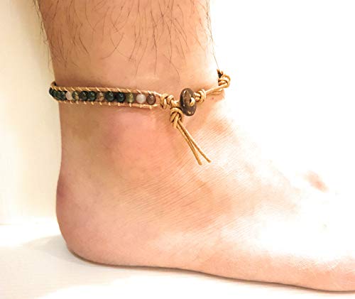 Infinityee Ankle Bracelet Woven Light Brown Leather Vintage Handmade Hippie Bohemian Gypsy Boho Unisex Anklet For Men, Women, Teen Girls (Jasper Stone) #TOP4