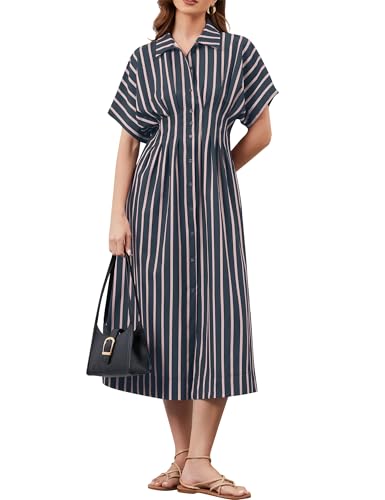 Image of MSBESYOR Women Button Front Pleated Shirt Maxi Dress Summer Striped Prints Short Sleeve Collar Casual Long Dresses