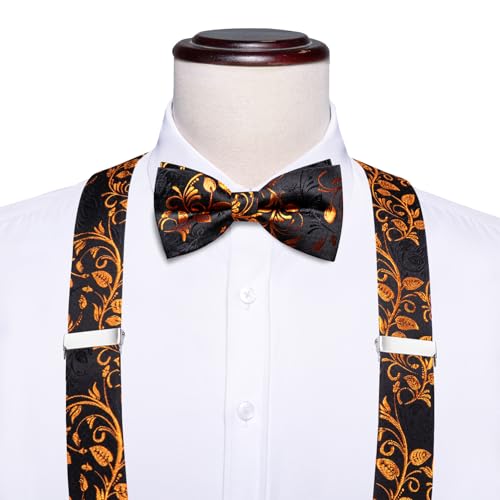 Image of Dubulle Suspender and Bow Tie for Men Paisley Solid Mens Suit Braces Pretied Bowtie and Handkerchief Cufflinks Formal Wedding