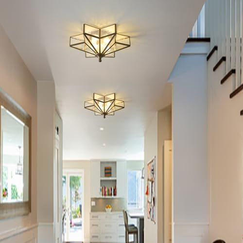 Image of Star Brass Ceiling Light - 12.2 In Small Black Hammered Glass Flush Mount