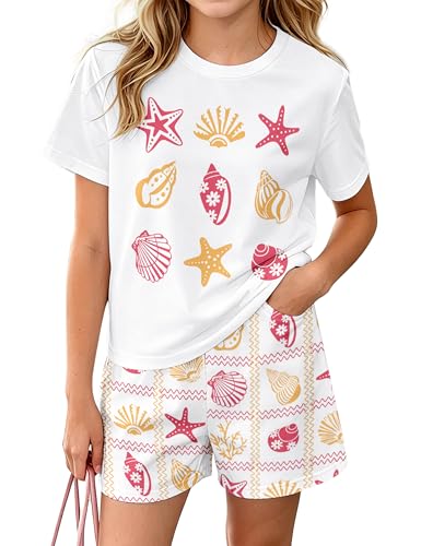 TALLWH Teen Girl Clothes Summer Girls 2 Piece Outfits Printed Short Sleeve T-Shirts and Shorts with Pockets Crew Neck Clothes for Girls 10-12