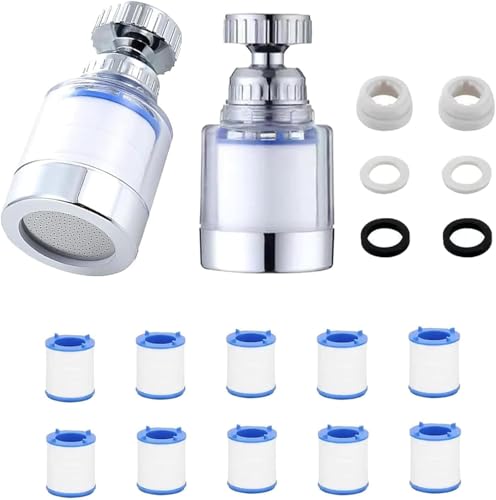 2 filtros para grifo + 10 cartuchos, filtro fregadero 360° con carbono activo, purifica agua, elimina cloro, fluoruros, metales pesados, suaviza agua dura, uso hídrico seguro.
