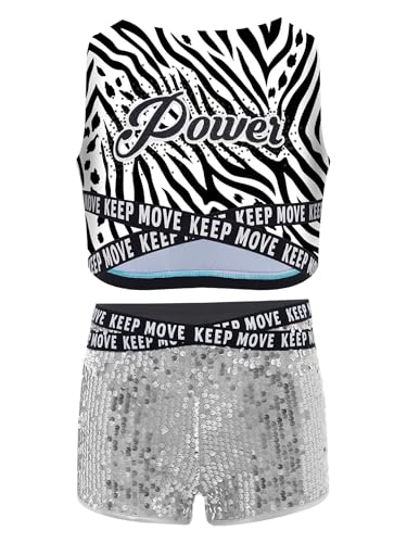 Mufeng Kids Girls Jazz Hiphop Dancewear Gymnastics Tracksuit Crop Tank Top Sequins Shorts Set