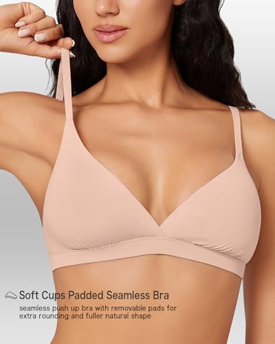 Image of Women's Triangle Bralette Removable Pads Unlined Bra Comfortable Deep V Neck Wireless Seamless Smoothing Bra Top Nude