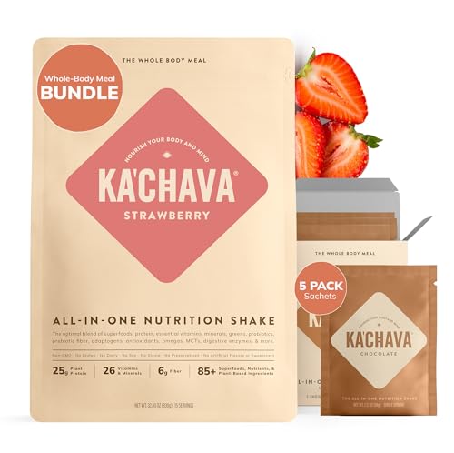 Ka’Chava Whole Body Meal Shake Bundle – Strawberry 2lb Bag + Chocolate Travel Sachets (5 Servings) – Vegan Protein Powder with 85+ Superfoods – Gluten Free Plant-Based Meal Replacement
