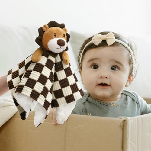 Image of Baby Security Blanket Lovey Lion Blanket for Boys Girls 14 Inch | Super Soft Checkerboard Gingham with Minky Dot Fabric Backing Stuffed Animal Lovely Snuggle Toy Shower Gift Brown