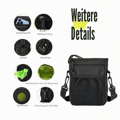 HANWELL Futterbeutel für Hunde Leckerlies, Hundeleckerlitasche mit Poop Spender-Verstellbarer Taillen/Schulterriemen, Mehrfachtaschen für Tragende Hunde Kibble und Spielzeug - Wasserdichtes, Schwarz
