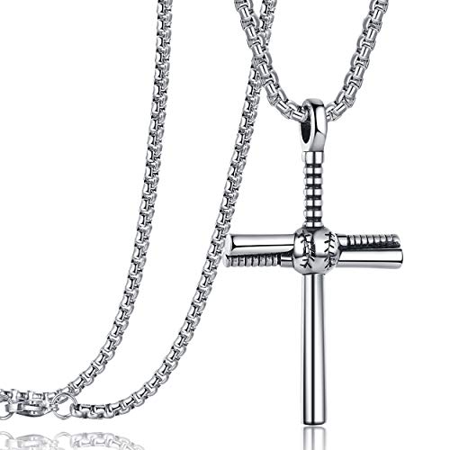 Rehoboth Men's Stainless Steel Baseball Bat Nail Cross Pendant Necklace 24 Inch Adjustable Chain for Women Men Silver