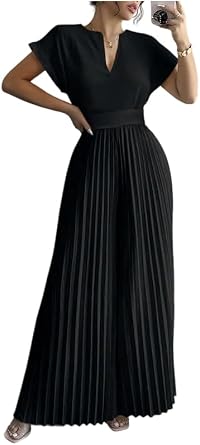 UOOZEE Womens 2025 Wide Leg Jumpsuits Long Flowy Pleated Romper Jumper Short Sleeve V Neck Dressy Overalls Jumpsuit