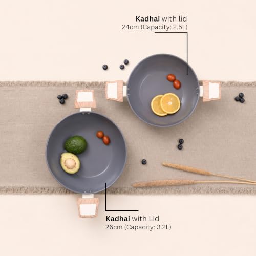 Image of Kreme Ceracook Ceramic Coated Granite 6 Pc Kadai Set Glass Lid, 2X Spatulas, ISI Certified Cookware Kadhai, Forged Aluminium, Gas & Induction Use, Woks PFAS & PTFE Free, 1 Yr Warranty, Olive Green