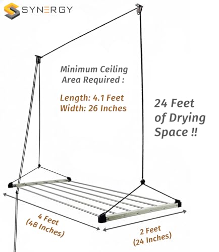 Image of Synergy - 6 Pipes x 4 Feet - Heavy Duty - Stainless Steel Ceiling Cloth Dryer for Balcony | Cloth Drying Rope with Pulley | Cloth Hanging Stand | Clothes Drying Stand Wall Mounted - (SY-CE1)