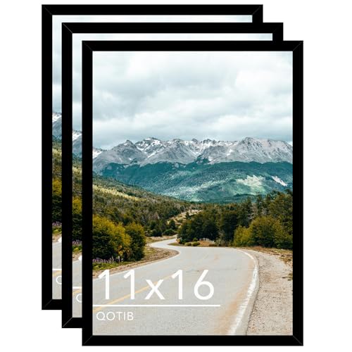 QOTIB 11x16 Picture Frame Black for Wall Hanging, Wood 11 x 16 Frame Photo Frame for Wall Horizontally or Vertically, Black, 3 Pack