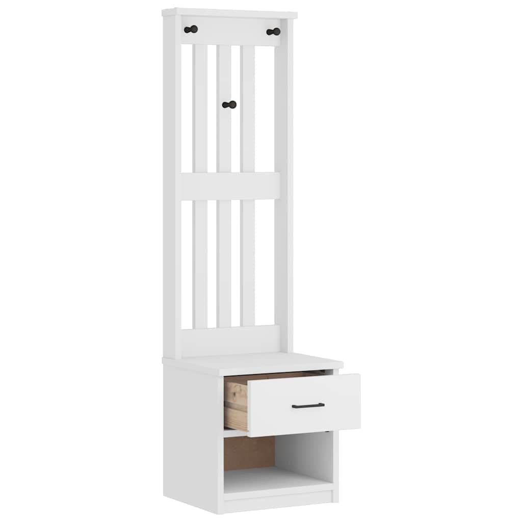 Perchero SANDNES blanco de madera de pino maciza, 45 x 40 x 159,5 cm, con espacio de almacenamiento, banco, cajón y compartimento abierto para pasillo, pasillo y entrada al orden