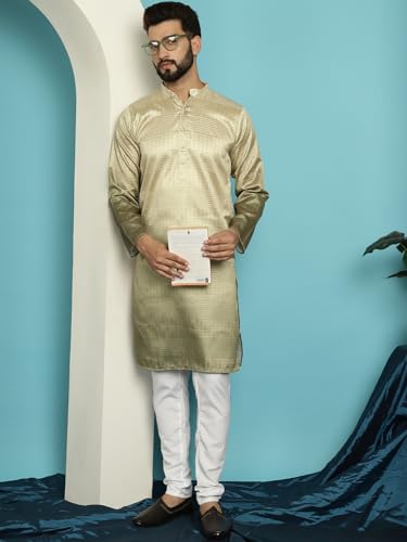 Image of SOJANYA (Since 1958, Men's Jacquard Silk Multi Shade Sequinned & White Pyjama Set