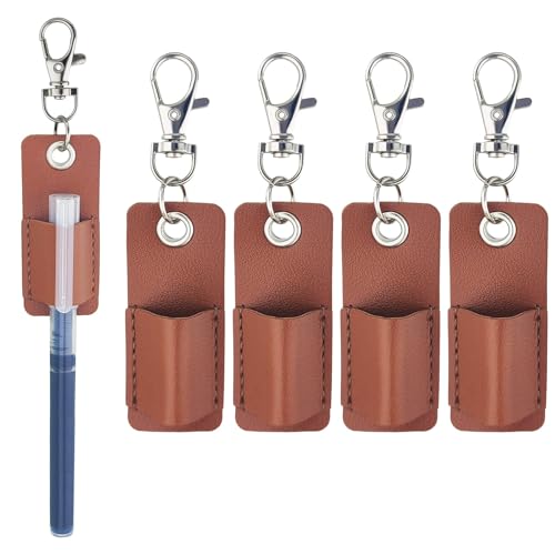 Naturahand 4 Pieces Lanyard Pen Holder, Leather Neck Pencil Pouch Keychain for Nurses Clerk(Brown)