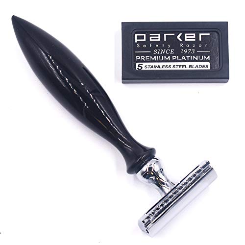 Parker 12R Genuine Buffalo Horn Handle Double Edge Safety Razor & 5 Parker Premium Platinum Blades