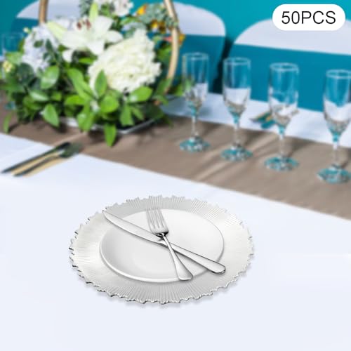 Platos cargadores plásticos redondos 13 pulg 50 pzas plata miniatura 4
