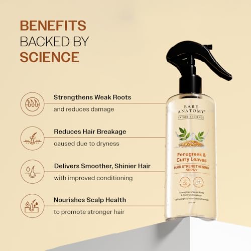 Image of Bare Anatomy Nature x Science Fenugreek and Curry Leaves Hair Spray | Strengthens Roots & Controls Breakage | Lightweight & Non-Sticky Formula | Maintains Natural Shine & Smoothness | 200ml (Pack of 2)