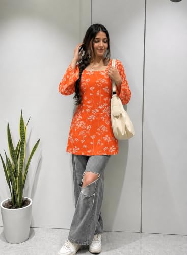 Image of SONISHA Women's Rayon Floral Print Short Kurti for Women Elegance Square Neck, Long Sleeves with Style Criss Cross Back Kurti, Top for Office Wear, Casual, Outdoor