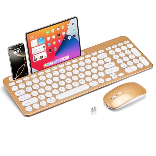 Wireless Keyboard and Mouse Combo with Phone Tablet Holder Rechargeable Dual-Mode (Bluetooth 5.0 and 3.0 +2.4G) Multi-Device Silent Mouse for Windows iPad Tablet MacOS iOS Android (Gold)