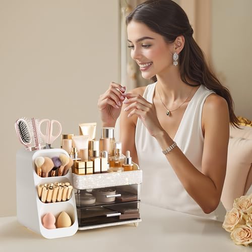 Image of HBlife Makeup Organizer with Brush Holder for Vanity, Large Plastic Bathroom Countertop Organizer Skin Care Storage, Easy to Store Lipsticks, Nail Polishes, Perfumes, Eyeshadow Palettes, Pearl White