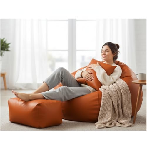 Image of Luxury 5XL Jumbo Bean Bag with Footrest & Cushion | Premium Leatherette | High-Density Beans Filled | Heavy Duty Double Stitch | 6 Months Warranty Color- (Navy Blue) (Orange)