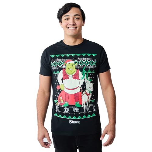 Bioworld Shrek & Donkey Holiday Sweater Pattern Men's Charcoal Crew Neck Short Sleeve T-Shirt-XXL