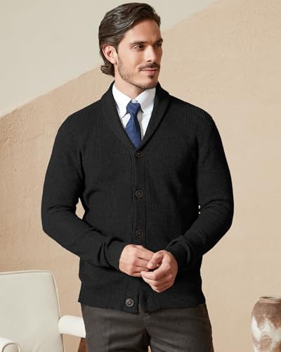 Kallspin Men's Wool Blend Shawl Collar Cardigan Sweater Button Down Knitwear with Pockets2