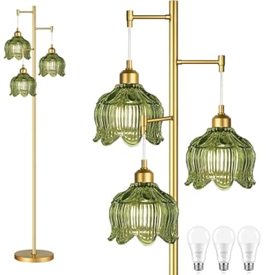 ILLMTW Glass Floor Lamp for Living Room,Bedroom,Gold Mid Century Modern Standing Lamp Brass Tree 3 Light Tall Floor Lamps Vintage Retro Floor Lights Green Flower Lamp Shade Farmhouse Boho Bohemian