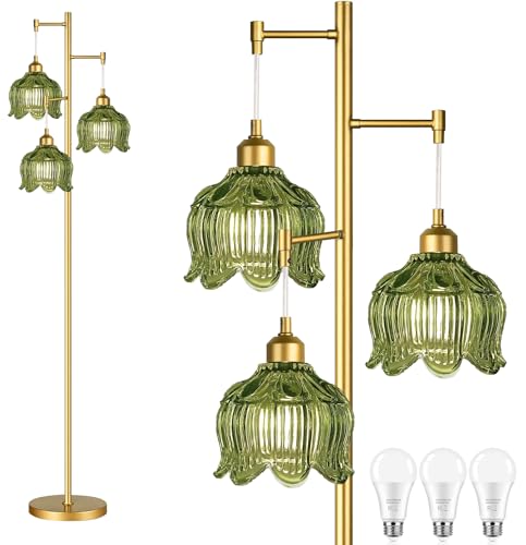 ILLMTW Glass Floor Lamp for Living Room,Bedroom,Gold Mid Century Modern Standing Lamp Brass Tree 3 Light Tall Floor Lamps Vintage Retro Floor Lights Green Flower Lamp Shade Farmhouse Boho Bohemian