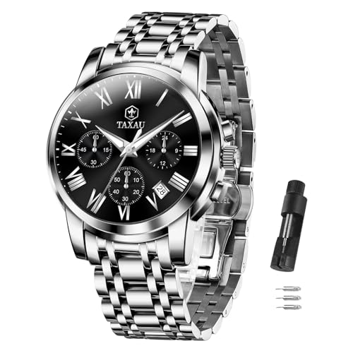 Taxau Uhren Herren Chronograph Analogue Quartz Uhr Armbanduhr Herren Edelstahl mit Datum Wasserdicht Leuchtende Klassische Luxus Business Herrenuhren Geschenke für Männer